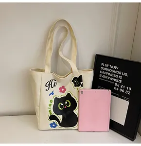 Sac cabas en toile avec chat noir mignon, style japonais, sac à main décontracté pour femme.
