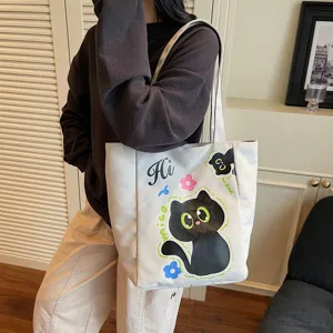 Sac Cabas en Toile Style Japonais Mignon Chat Noir Cartoon Impression Sac Bandoulière Décontracté Voyage Quotidien