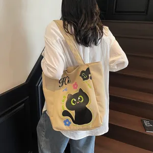 Sac cabas en toile japonais avec joli imprimé chat noir sac épaule mode voyage quotidien