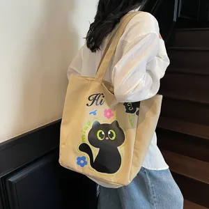 Sac cabas en toile style japonais mignon imprimé chat noir dessin animé sac à bandoulière