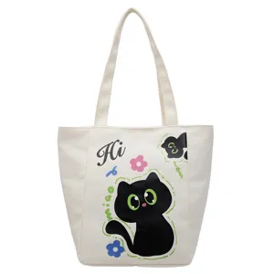Sac cabas en toile chat noir mignon style japonais sac à main bandoulière voyage école.