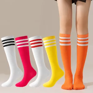 Detailed shot of multi-color striped knee high socks, soft fabric, perfect for cosplay wear.