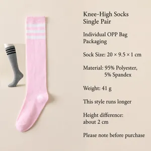 Detailed view of pink striped over-the-knee socks, showing soft material and elasticity.
