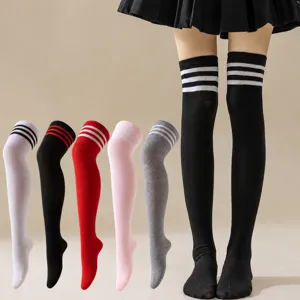 Women preppy style thigh high over knee socks with three stripes classic soft JK long socks.