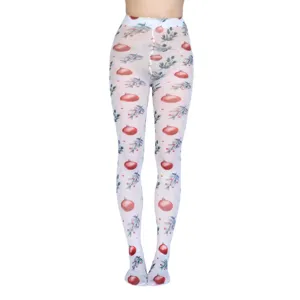 Weihnachten bedruckte Strumpfhose Detail, weiße Feinstrumpfhose mit festlichem Muster.