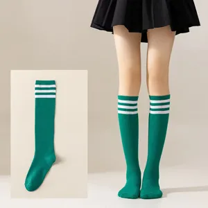 Green knee high socks with white stripes for women, ideal for JK style and daily wear.