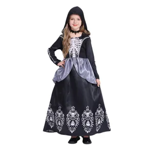 Kids Halloween skeleton cosplay costume dress with hood and skull print for party performance.