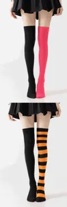 Calcetines altos colorblock, medias de muslo a rayas para fiesta y uso diario.