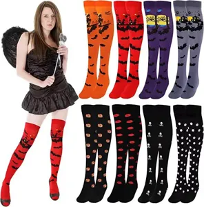Halloween over-the-knee socks set, festive party costume hosiery with various patterns.