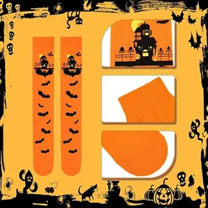 Halloween orange over-the-knee long socks with haunted house and bat print for party costume.