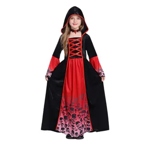 Kids Halloween witch vampire cosplay costume dress with hood and skull print for girls party.