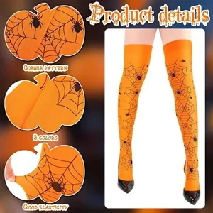 Detail view of Halloween theme over-the-knee socks with cobweb print and high elasticity.