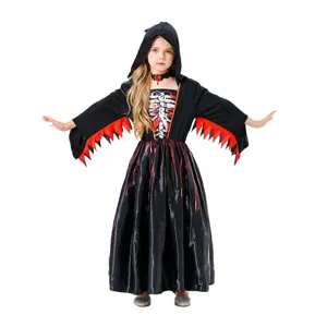 Close-up detail of the black hooded dress with red skeleton rib cage and bat wing sleeves.