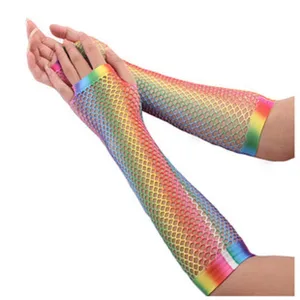 Women Rainbow Fishnet Gloves Long Half Finger Mesh Gloves Colorful Party Performance Fashion Gloves