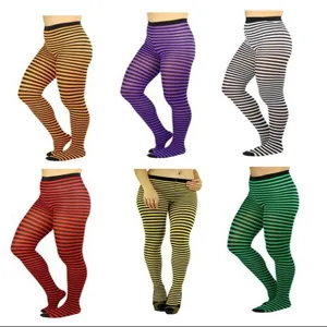 Detalles de medias y leggings de rayas de colores que muestran varias combinaciones festivas.