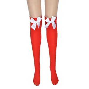 Red over-the-knee stockings with elegant white satin bow details, perfect costume accessory for party.