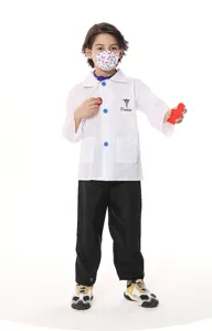 Kids doctor costume detail view, white coat with medical symbols, perfect for party role play.