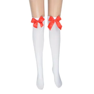 White over-the-knee stockings featuring large red bow details for women fashion daily wear