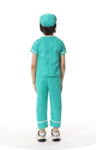 Kids green doctor costume uniform set for Halloween party, cosplay performance, and dress up.