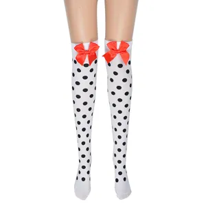 White polka dot over knee socks with red bow, sweet Lolita knee high stockings for women and girls.