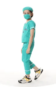 Children doctor costume detail view showing green surgical scrubs top pants hat and mask.