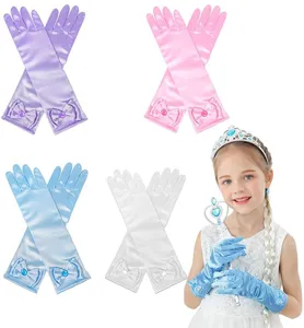 Children Satin Bow Gloves Princess Costume Accessories Rhinestone Performance Gloves For Girls Party Dress Up