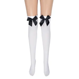 White over knee thigh high stockings with black satin bows for cute daily wear.