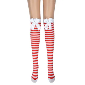 Red and white striped over the knee high socks with white bow detail for costume dress up