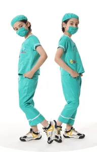 Children doctor costume set for cosplay, Halloween party, surgical scrubs with cap and mask.