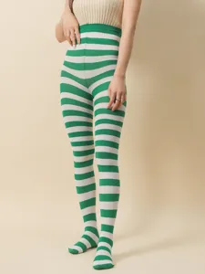 Medias a rayas verde y blanco cintura alta calcetines elásticos para disfraz festivo