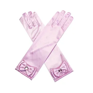 Kids pink satin long gloves featuring elegant bows and crystal gems for princess dress-up.