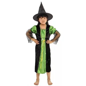 Détails du costume de sorcière verte pour enfants, idéal pour Halloween et soirées cosplay.