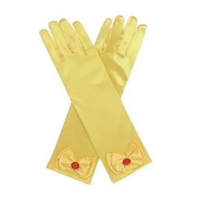 Kids yellow satin long gloves with bow and red gem for princess party cosplay performance