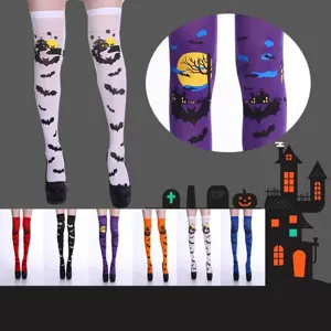 Halloween over-the-knee socks, bat and castle printed thigh high party stockings for women.
