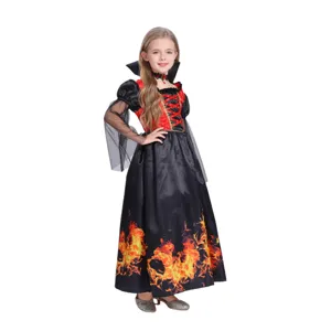 Kids Halloween vampire witch cosplay costume, gothic party dress with flame hem details.