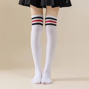 White over-the-knee thigh high socks with red and black stripes for women cosplay JK outfits