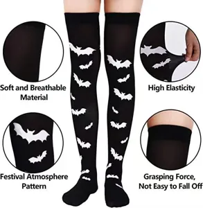 Halloween bat print over-the-knee thigh-high socks, high elasticity and breathable black hosiery.