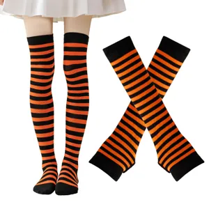 Halloween negro naranja a rayas calcetines altos y guantes conjunto fiesta disfraz