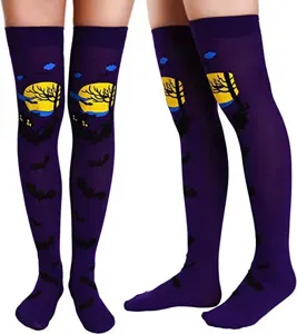 Halloween purple over-the-knee socks with moon and bat print, festive costume party hosiery