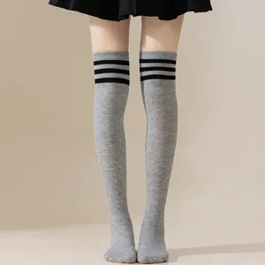 Classic grey thigh high socks with three black stripes, stylish Japanese JK style college socks.