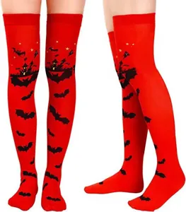 Halloween over-the-knee red socks with bat castle print, festival party costume hosiery.