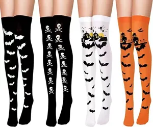 Detailed view of Halloween over-the-knee socks featuring bat and skull prints for party costume.