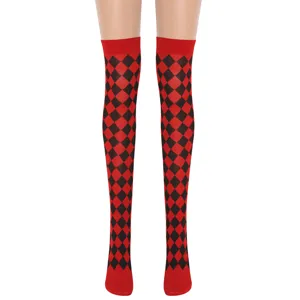 Chaussettes hautes argyle rouge noir Halloween fete cosplay bas cuissardes tendance