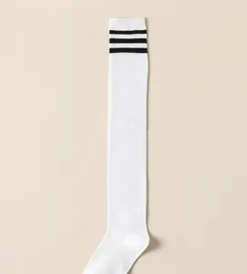 White over-the-knee socks with three black stripes, preppy JK style cosplay long socks.