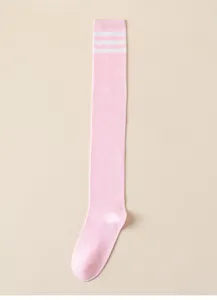 Cute pink over-the-knee socks with three white stripes, perfect for Japanese JK cosplay.