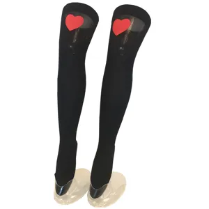 Black over-the-knee stockings with red heart print, perfect for Valentine's Day dates.