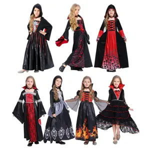 Halloween Witch Vampire Costume For Girls Cosplay Party Performance Long Hooded Dress Set With Skull Flame Pattern Printed