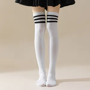 Japanese JK style white over-the-knee socks with three black stripes for women cosplay fashion.