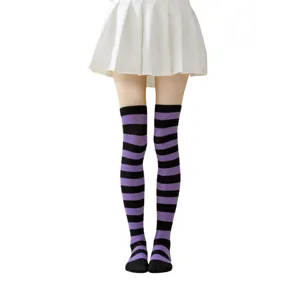 Mujeres morado negro a rayas sobre la rodilla calcetines largos fiesta cosplay