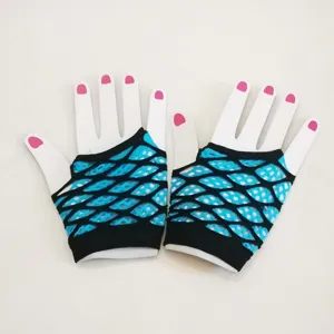 Kurze zweilagige Netz-Handschuhe für Damen, stylische schwarz-blaue Party Performance.